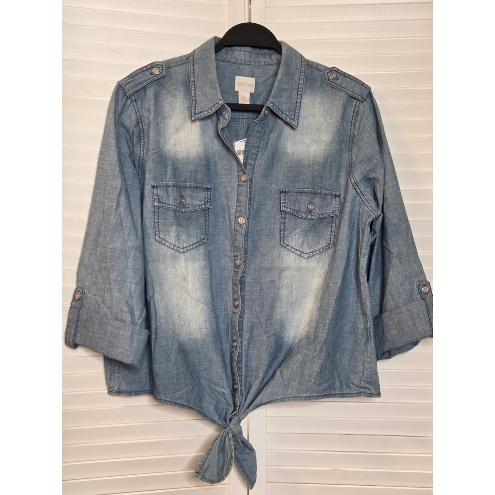 Chico's Denim Days Tia Tie Front Chambray Shirt Size 2 L Ocean Wash Blue New